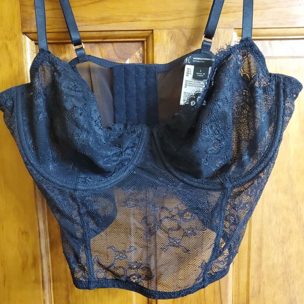 INC International Concepts Large Bustier Top Womens Black Lace Mesh Corset Sexy
